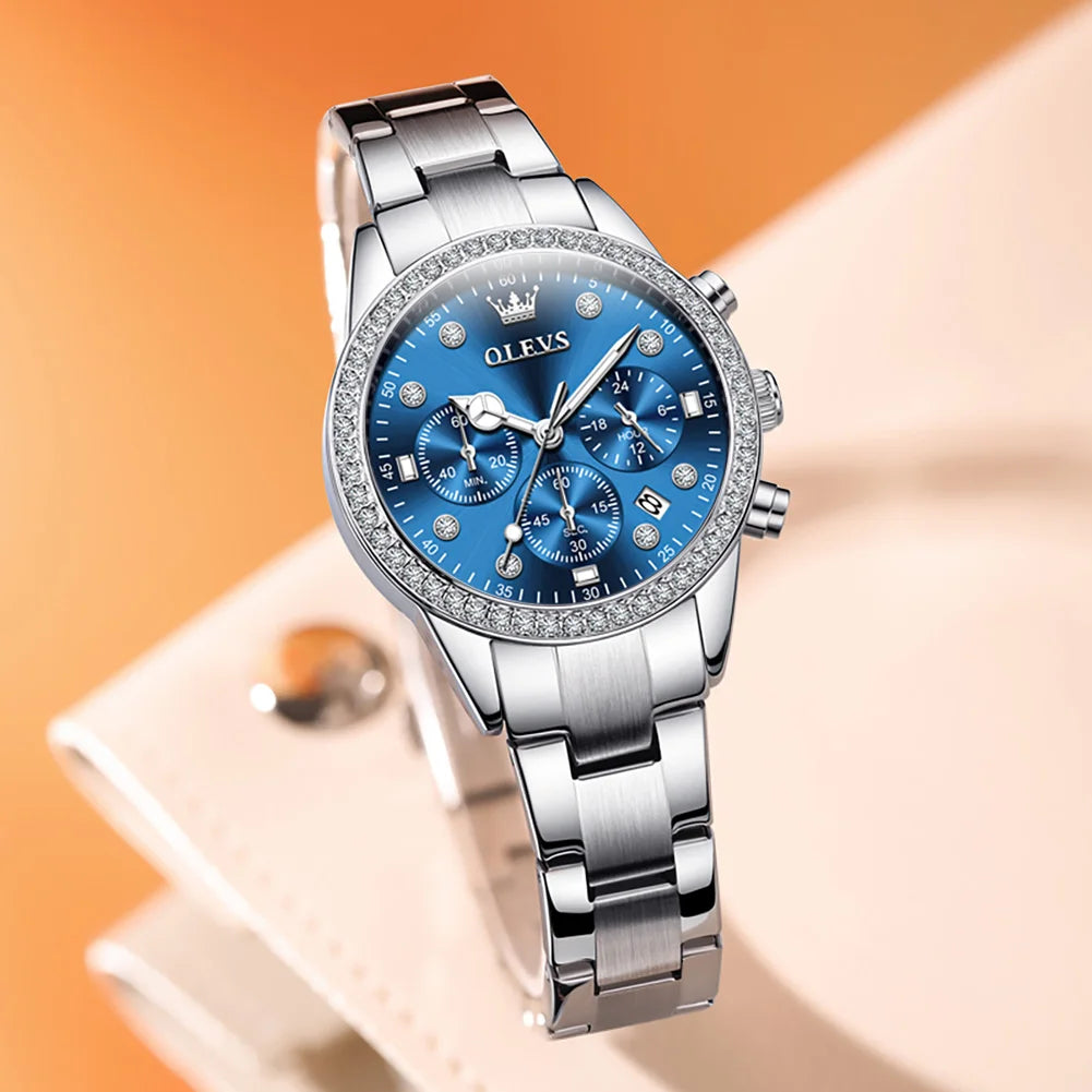 OLEVS Diamond Women Watch Silver Blue Ladies.