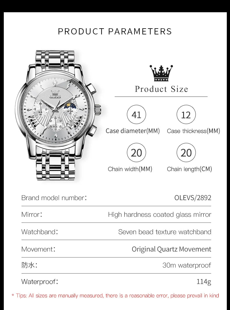 OLEVS Luxury Brand Quartz Watch for Men Waterpoof Chronograph Men's Wristwatch Auto Date Dual Calendar Moon Phase Man Watch New