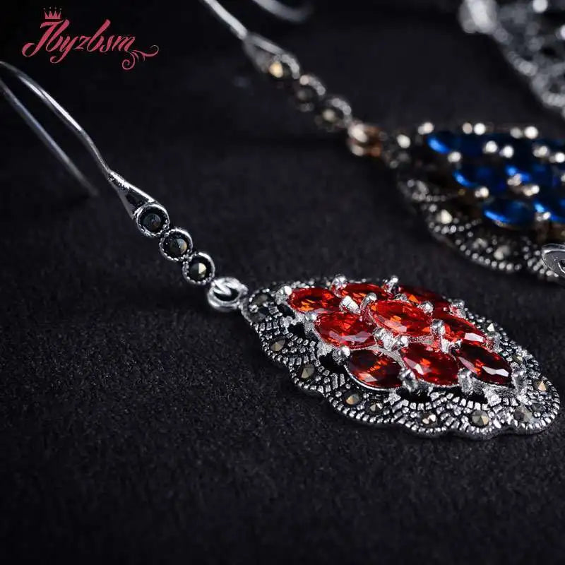 Rhombus Pink Red Blue CZ Crystal Stone Marcasite Tibetan Silver Dangle Hook Earring 1 Pair for Women Bridal Engagement Jewelry