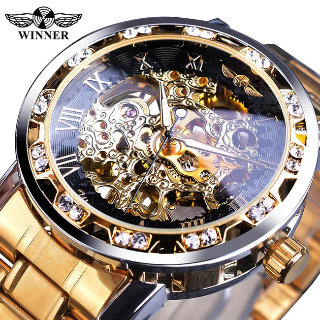 Winner Transparent Fashion Diamond Luminous Gear Movement Royal Design Men Top Brand Luxury Male Mechanical Skeleton Wrist Watch