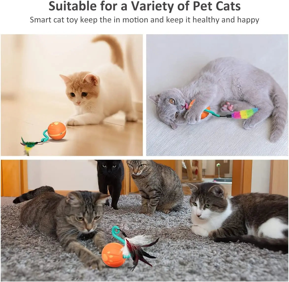 ATUBAN Cat Toy Smart Robotic,Cat Toys for Indoor Cat, Automatic Moving Ball with Feather Kitten Toys in Pack.USB Rechargeable