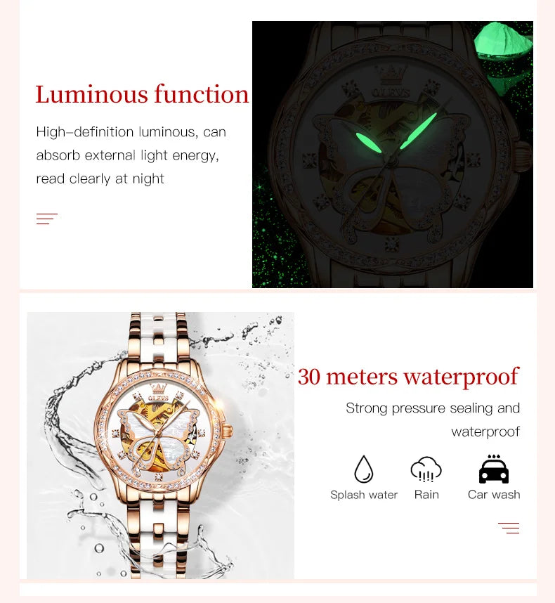 OLEVS 6622 Diamond Luxury Woman Automatic Watch Butterfly Original Mechanical Watch For Women Waterproof Luminous Hand Clock