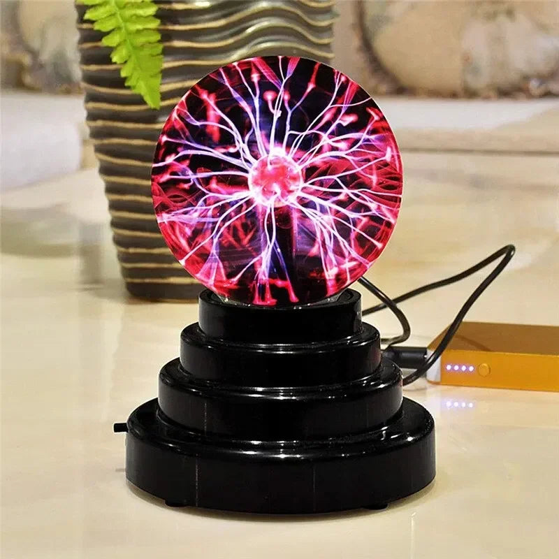 3/8 Inch Sound Control Magic Plasma Ball Lamp LED, 8-inch glass design with vibrant light effects on a sleek black base