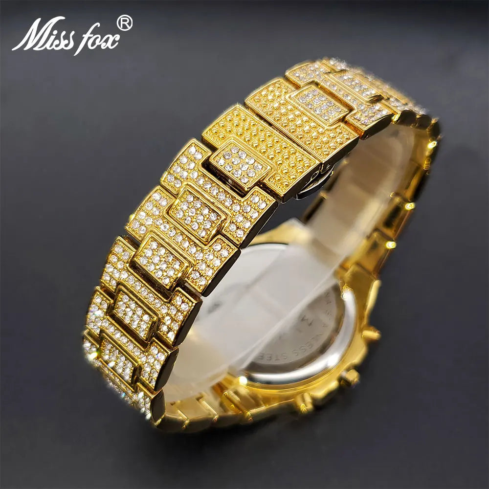 Luxury Gold Watch For Men Hip Hop Jewelry Multifunctional Moon Phase Watches Power By Battery Square Diamond Clock Droshipping