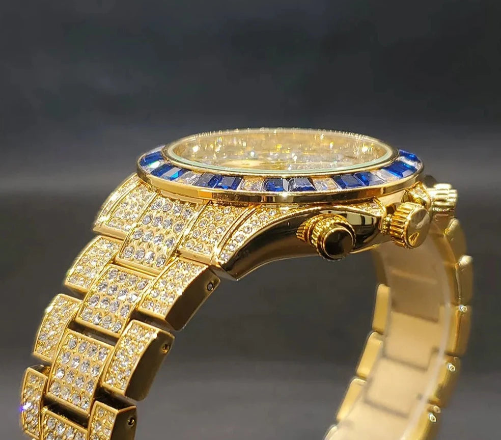 Gold Men Watch With Dark Blue Diamond.