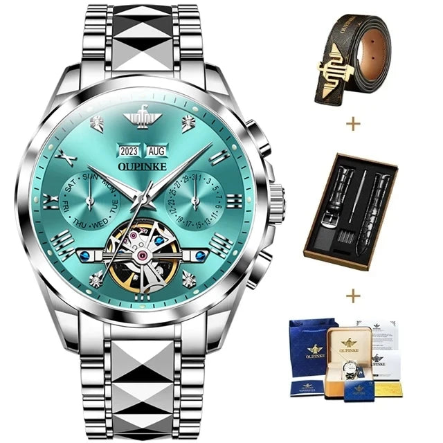 OUPINKE 3186 High Quality Luxury Skeleton Flywheel Automatic Watch for Men 5Bar Waterproof Dual Calendar Brand Men&