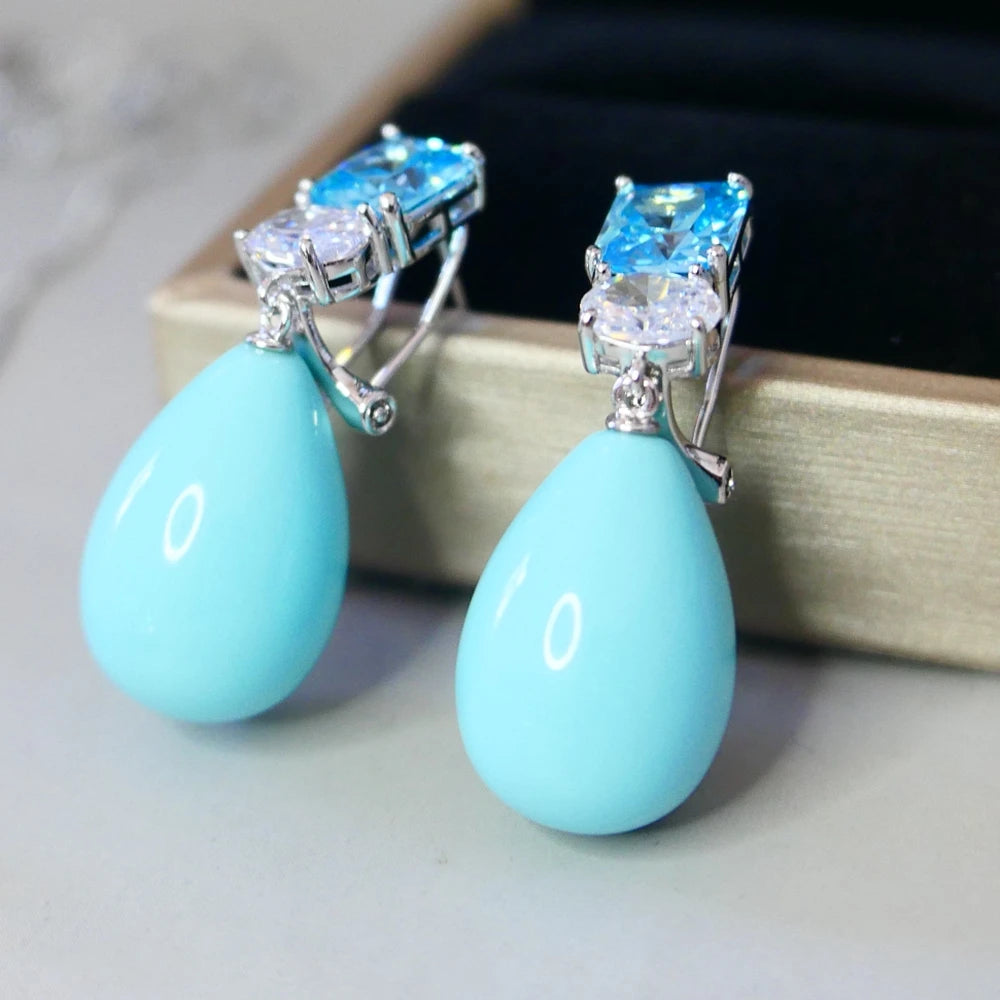 KQDANCE Hand Craft Women Aquamarine Blue Zircon Stone Turquoise Tear Drop Earrings with 925 Silver Needle Jewelry New For Women