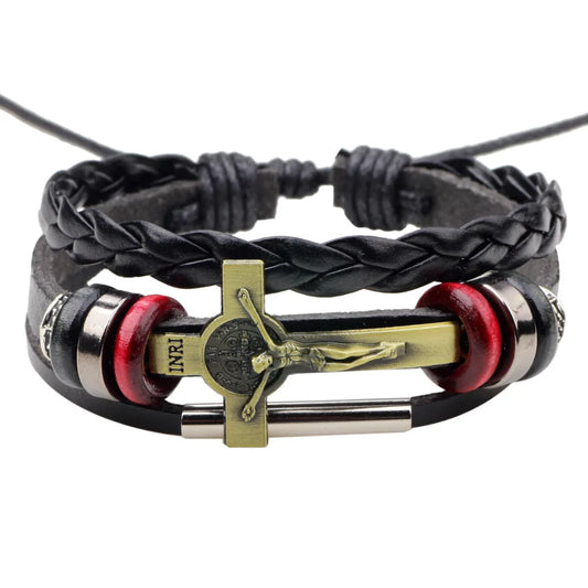 Trendy Retro Multi-layer Leather Woven Cross Jesus Bracelets Fashion Charm Men Bracelets Religious Amulet Jewelry Accessories