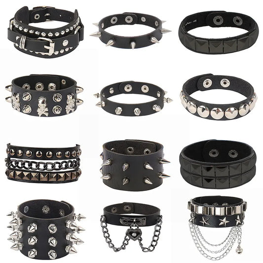 Gothic Spike Bracelet Adjustable Punk Rock Bracelet Black Studded Faux Leather Bracelet for Men Women Gift