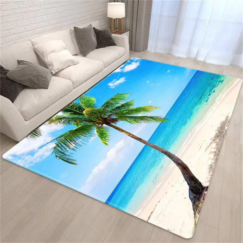 Palm Tree Sea Beach 3D Carpet Living Room Sofa Table Rug Soft Sponge Bedroom Bedside Rug Dining Carpet Rug for Bath Decoration