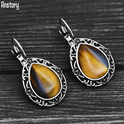 Water Drop Tiger Eyes Plant Flower Hook Earrings For Female Antique Silver Plated Vintage Jewelry