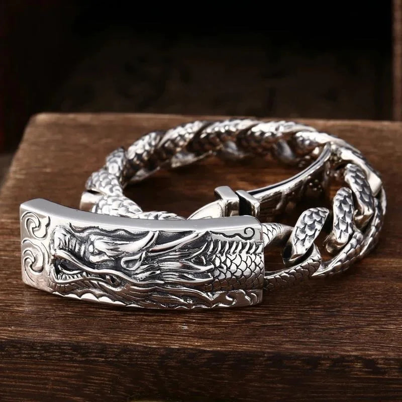 Handmade Original Retro Silver Chain Male Domineering Dragon Head Bracelet for Men Party Birthday Hip Hop Rock Jewelry Gift