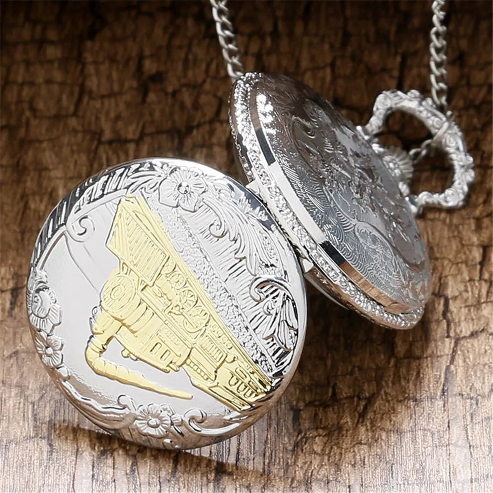 Vintage Retro Bronze Hollow Train Locomotive Steampunk Quartz Pocket Watch Women Men Necklace Pendant with Chain Birthday Gift