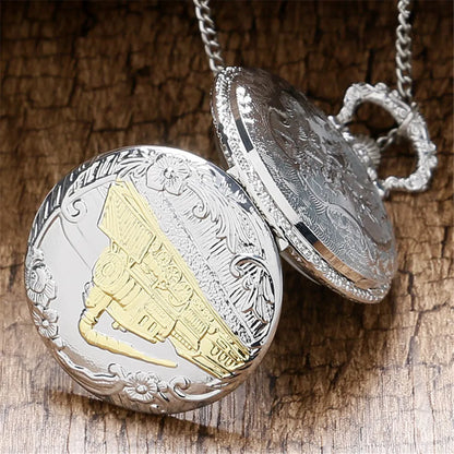 Vintage Retro Bronze Hollow Train Locomotive Steampunk Quartz Pocket Watch Women Men Necklace Pendant with Chain Birthday Gift