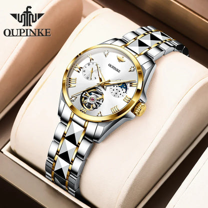 OUPINKE 3202 Skeleton Flywheel Mechanical Wrist Watch for Women