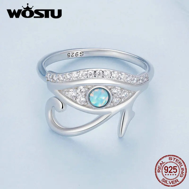 WOSTU 925 Sterling Silver Egyptian Eye of Horus Band Rings Women Fire Opal Stone White Zircon Guard Ring Birthday Party Jewelry