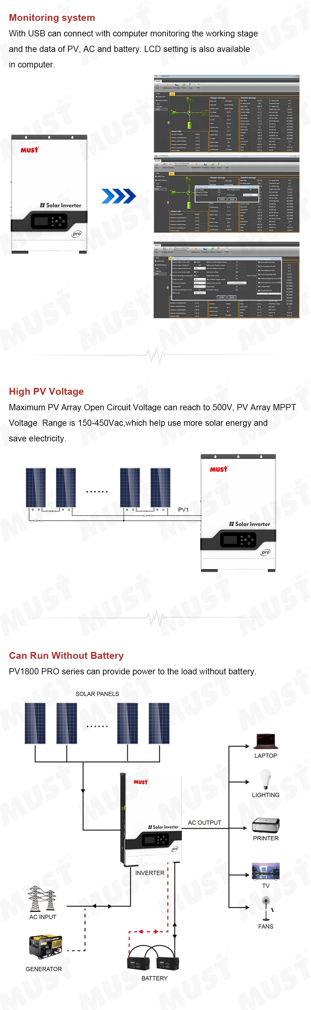 MUST PV1800 PH1800 PRO 450V 5.2KW 48V On Off Grid Hybrid Solar Inverter PV Input 6000W  MPPT 100A Charger SUB Mode