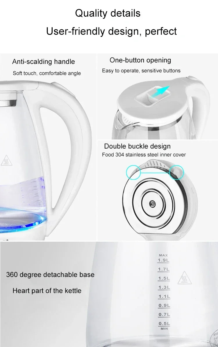 Electric Kettle Teapot Quick Heating Hot Water Boiling Tea Pot Glass Blue Light Heating Kettles Auto-Power Off Boiler