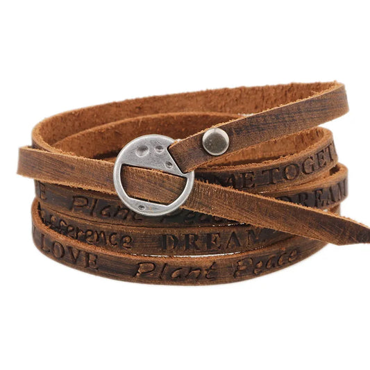 Kirykle Vintage Bohemian Style Jewelery Multilayer Wrap Genuine Leather Bracelet For Men And Women Embossing Letter Bracelets