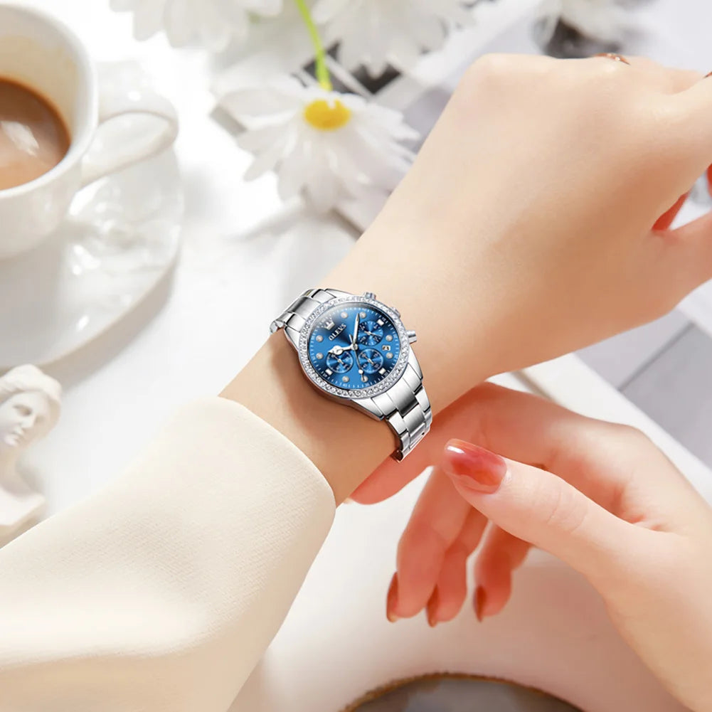 OLEVS Diamond Women Watch Silver Blue Ladies.