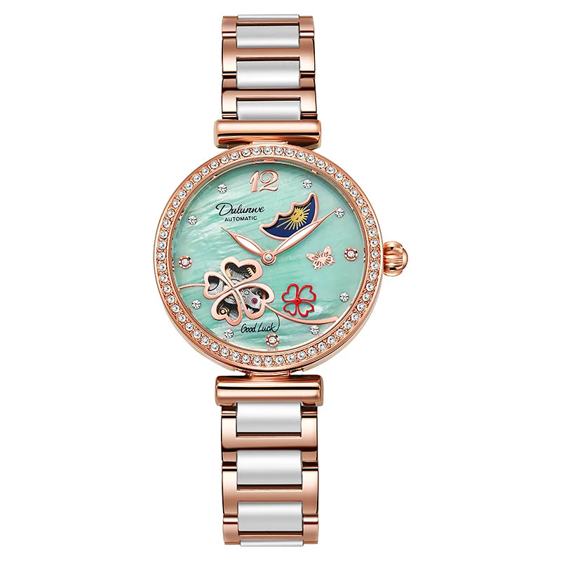 Lucky Clover Mechanical Watch for Women Ceramic Strap Original Wristwatch Skeleton Automatic Diamond Elegant Ladies Watches