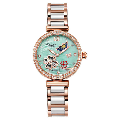 Lucky Clover Mechanical Watch for Women Ceramic Strap Original Wristwatch Skeleton Automatic Diamond Elegant Ladies Watches