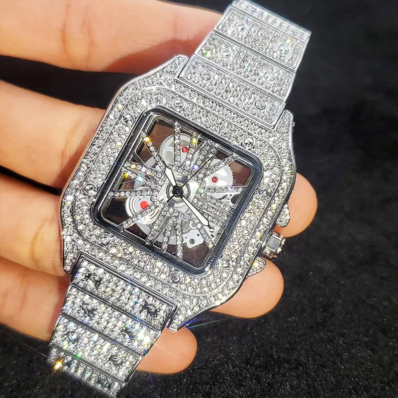 Square Full Diamond Watches For Men Luxury Fashion Ice Out Bling Skeleton Clock Hip Hop Shiny Silver Waterproof Watch Hot Sale