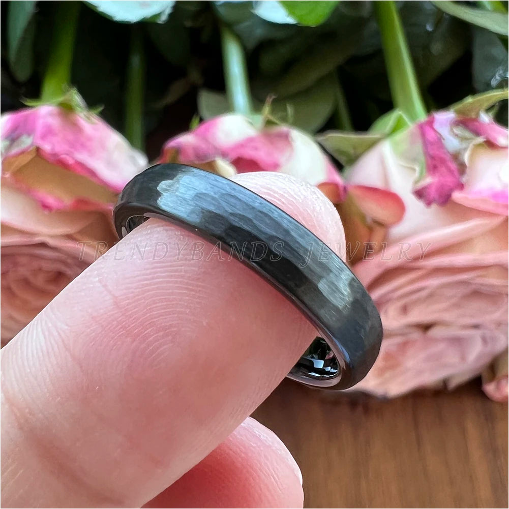 Men's Women's Wholesale Black Hammered Tungsten Cabide Wedding Band Engagement Rings Fashion Jewelry Domed Brushed Finish