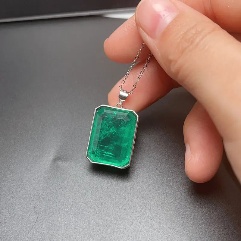 Gold Plated 925 Silver Rectangle Gemstone Pendant 15mm*20mm Emerald Color Man Made Crystal Pendant with 925 Silver Necklace