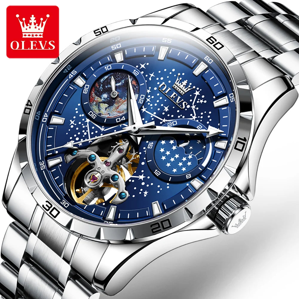 OLEVS Original Brand Men's Watches Waterproof Multifunctional Luminous Fully Automatic Mechanical Watch Moon Phase Starry Disk