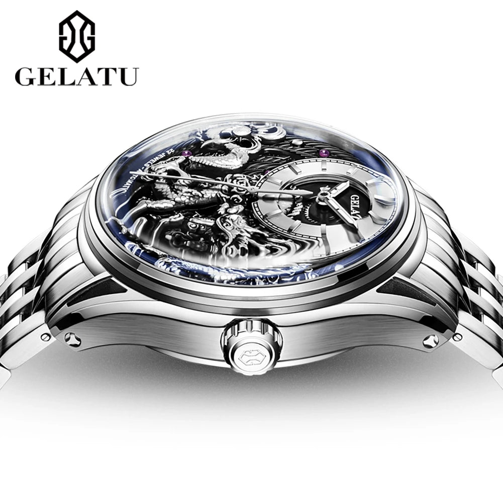 GELATU Luxury Brand Men's Watches Relief Design Automatic Mechanical Watch Stainless Steel Strap Original Male Wristwatch Trend