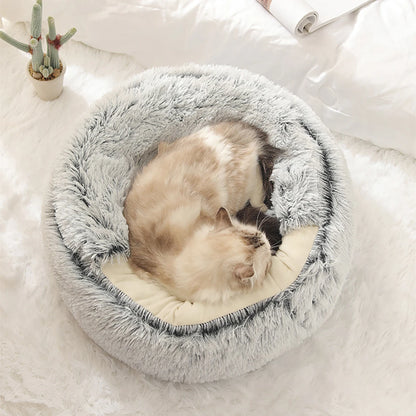 Cat Bed Round Plush Fluffy Hooded