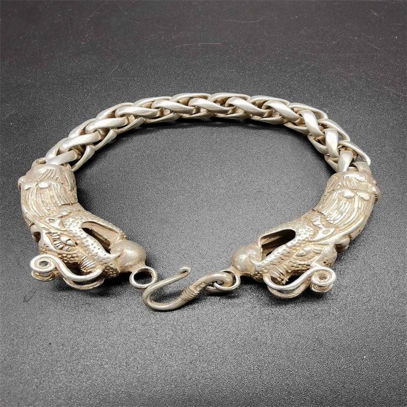 Antique Silver Luck Double Dragon Bracelet.