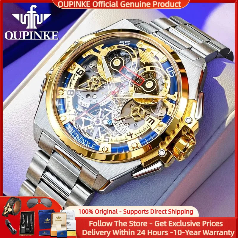 OUPINKE 3266 Luxury Hollow Men Automatic Mechanical Watch High Italian Designer Collaboration Design Date Timing Code Men Watch