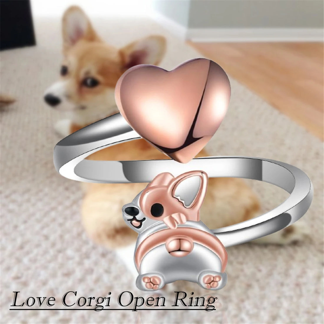 Creative Cute Love Corgi Butt Open Ring for Women Exquisite Pet Puppy Memorial Jewelry Accessories Dog Lovers Holiday Gifts