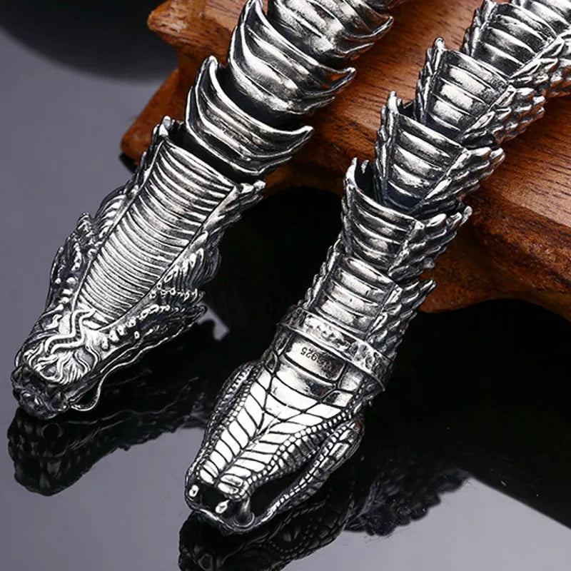 S925 Silver Domineering Men's Bracelet Thick Dragon Python Trendy Personality Vintage Jewelry Accessories