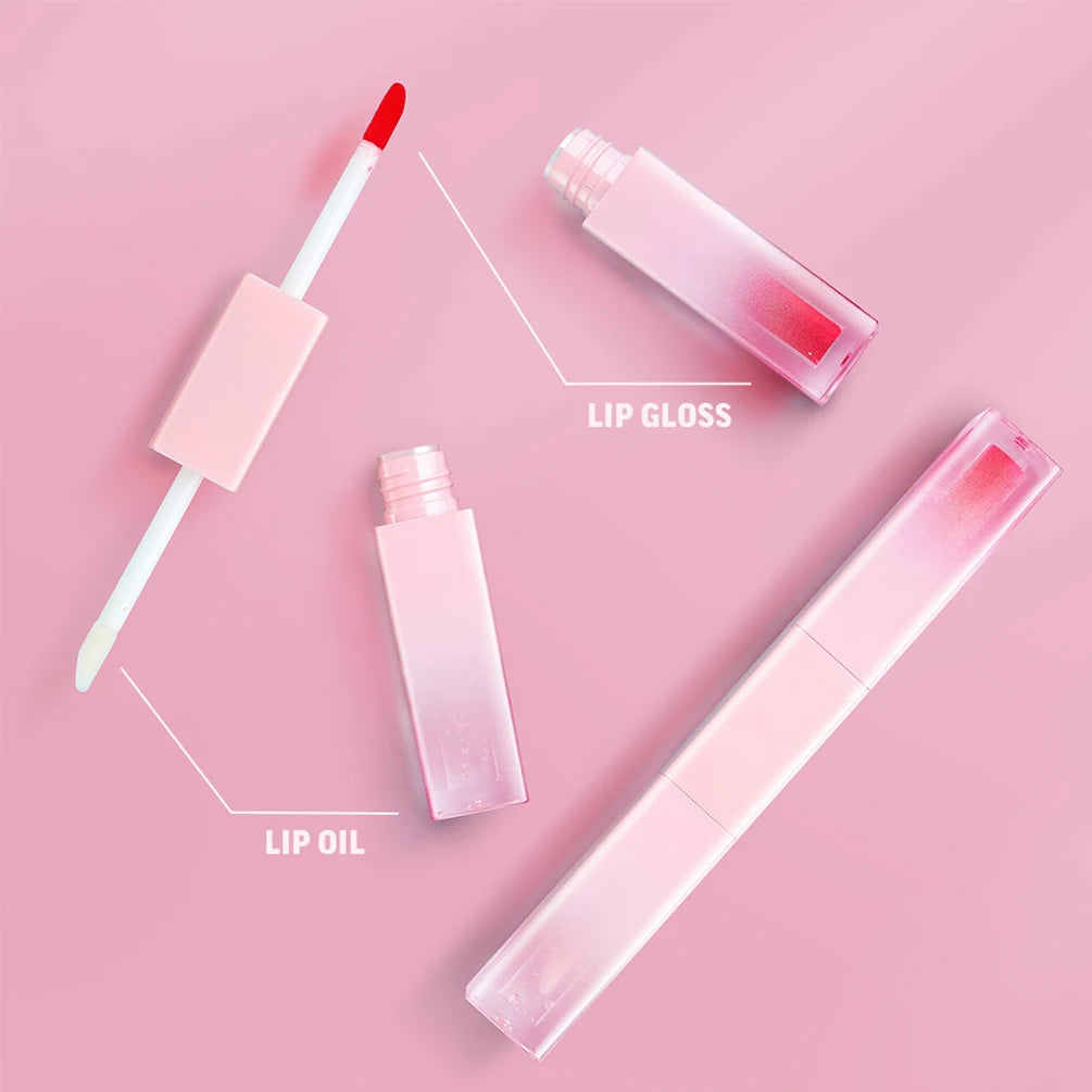 Custom 7colors Gradient Pink Tube Lipgloss Non-stick Cup Matte Waterproof 2in1 Double-head Long Lasting Hydrating Lip Oil Makeup