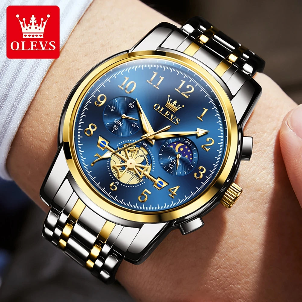 Original OLEVS Brand Quartz Watch for Men Moon Phase Auto Date Stainless Steel Waterpoof Wristwatch Men TOP Brand Business Watch