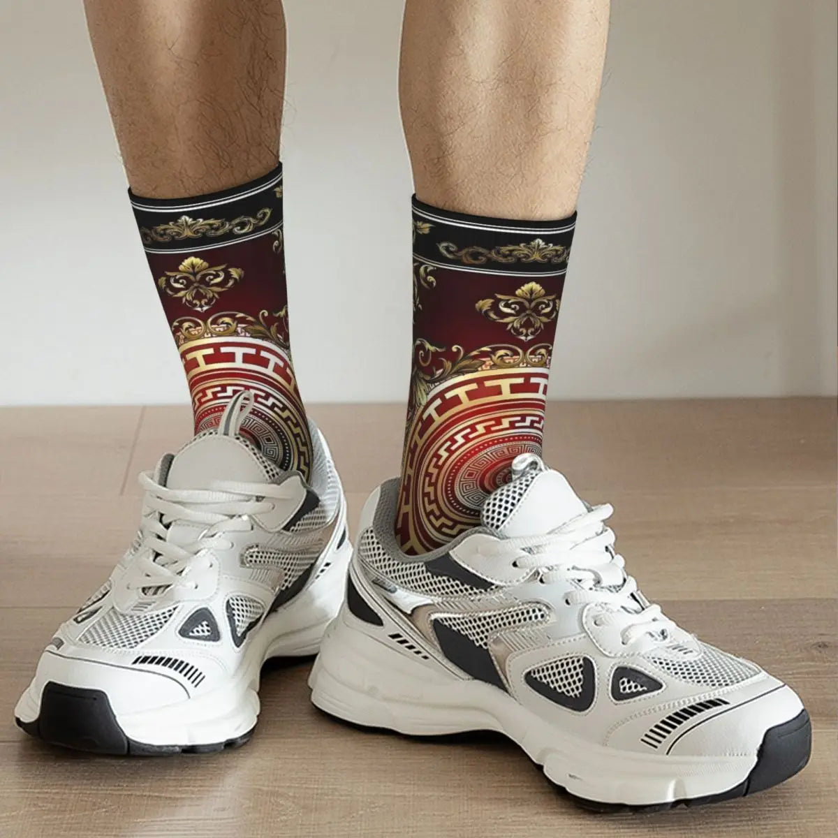 Greek Key Red Medallion Basketball Socks.