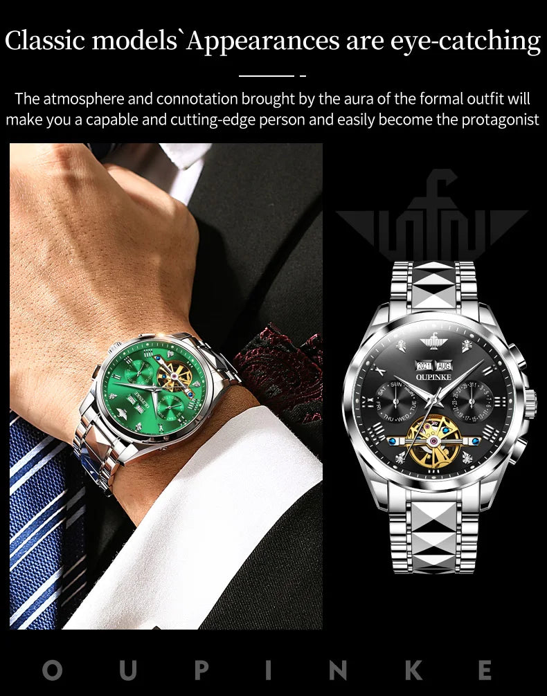 OUPINKE 3186 High Quality Luxury Skeleton Flywheel Automatic Watch for Men 5Bar Waterproof Dual Calendar Brand Men&