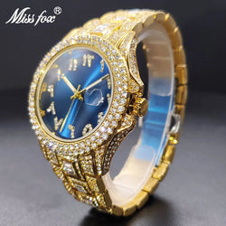 ساعات يد مقاومة للماء  Gold Men's Watch Blue Dial Diamond Luxury Big Wrist Quartz Watches Bracelet Baguette Look Like Expensive