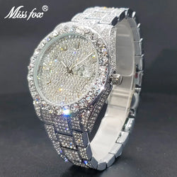 Luxury Watch Man Fashion Iced Drop Diamond Large Men's Watches 42mm Case With Calendar Luminous Hand Clock Power By Battery