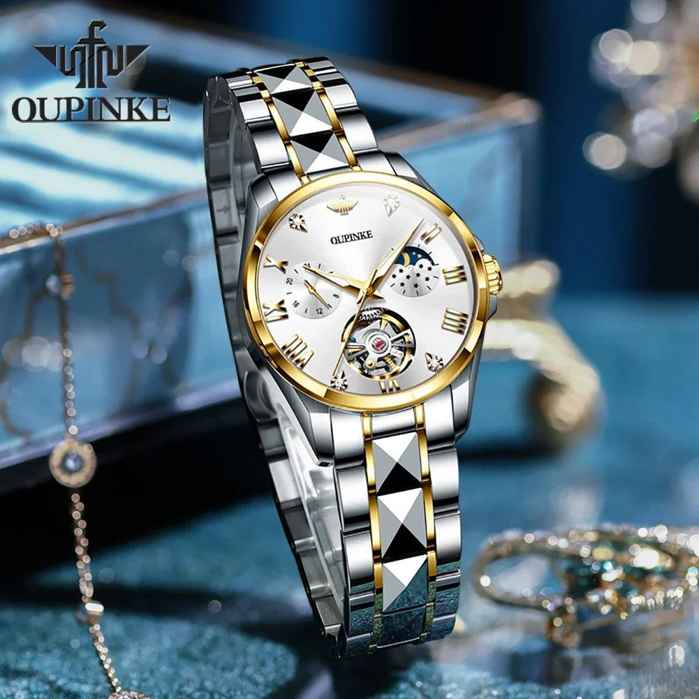 OUPINKE 3202 Skeleton Flywheel Mechanical Wrist Watch for Women