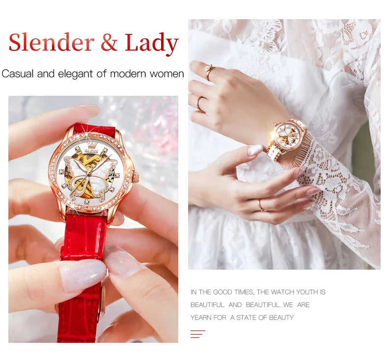 OLEVS 6622 Diamond Luxury Woman Automatic Watch Butterfly Original Mechanical Watch For Women Waterproof Luminous Hand Clock