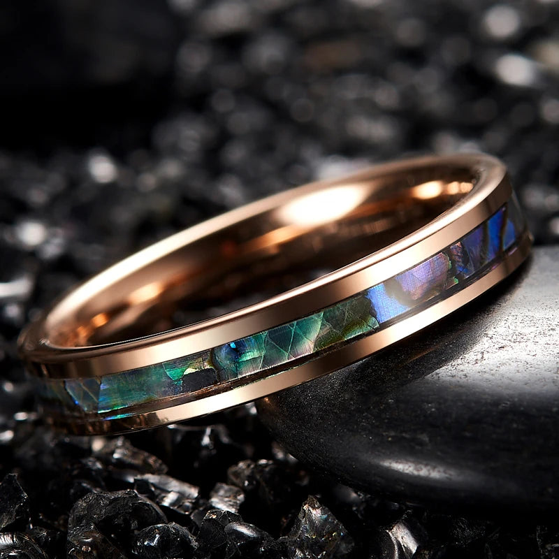 Rose Gold Color Inlaid Abalone Shell Tungsten Carbide Ring Classic Men's Rings Jewelry Wedding Band Male Ring