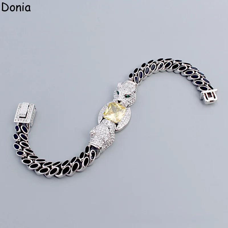 Donia jewelry European and American vintage double headed leopard micro Mosaic AAA zircon men&