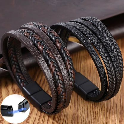 Fashion Magnetic Buckle Leather Bracelets for Men