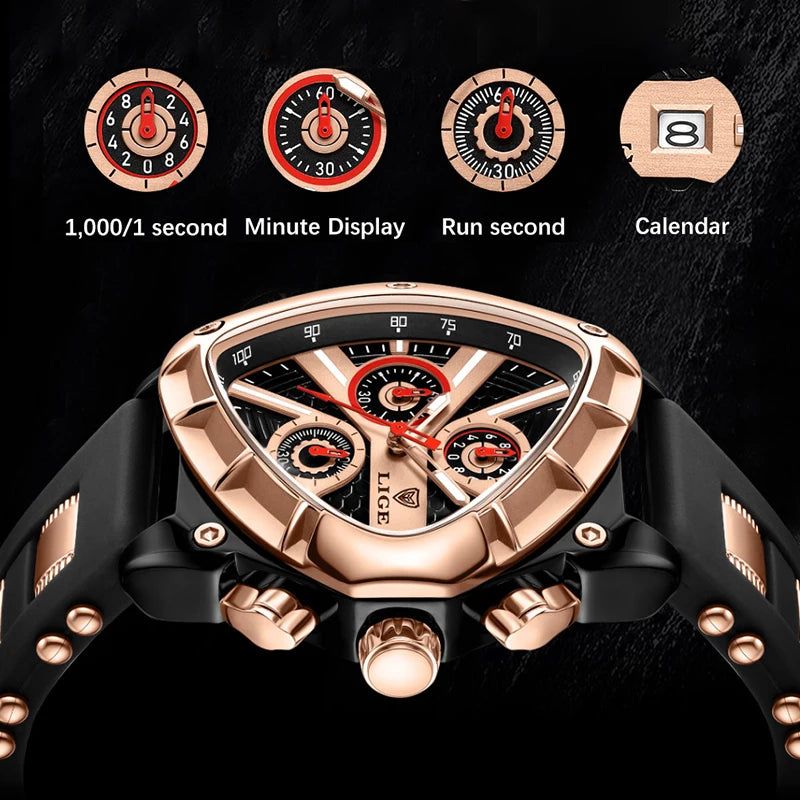 LIGE Fashion Men Watch Triangle Chronograph Military.