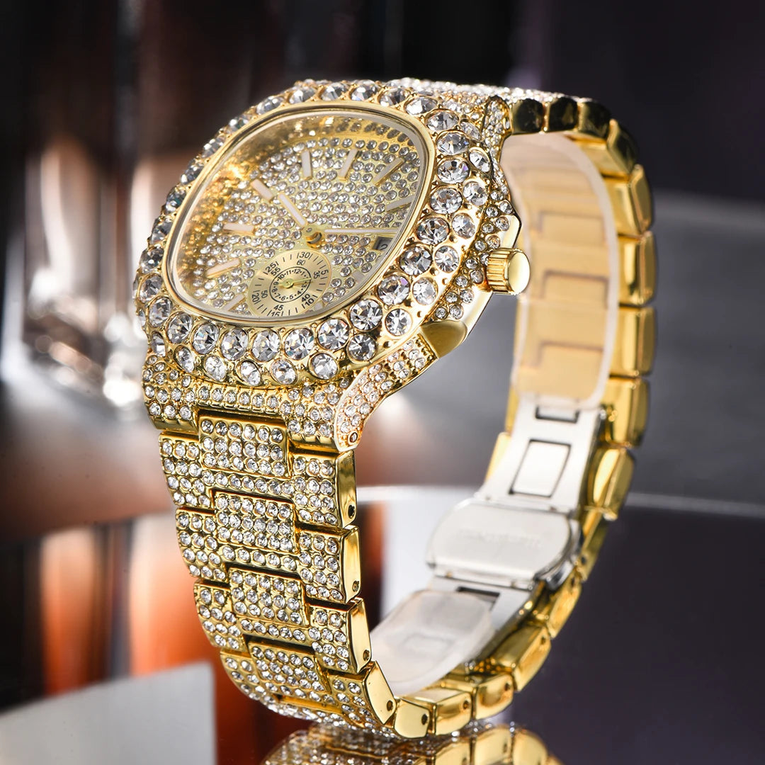 Hip Hop Brand MISSFOX Fashion Iced Out Watches Men Luxury Full Diamond 18K Gold Automatic Date Clock Steel Waterproof Watch Male