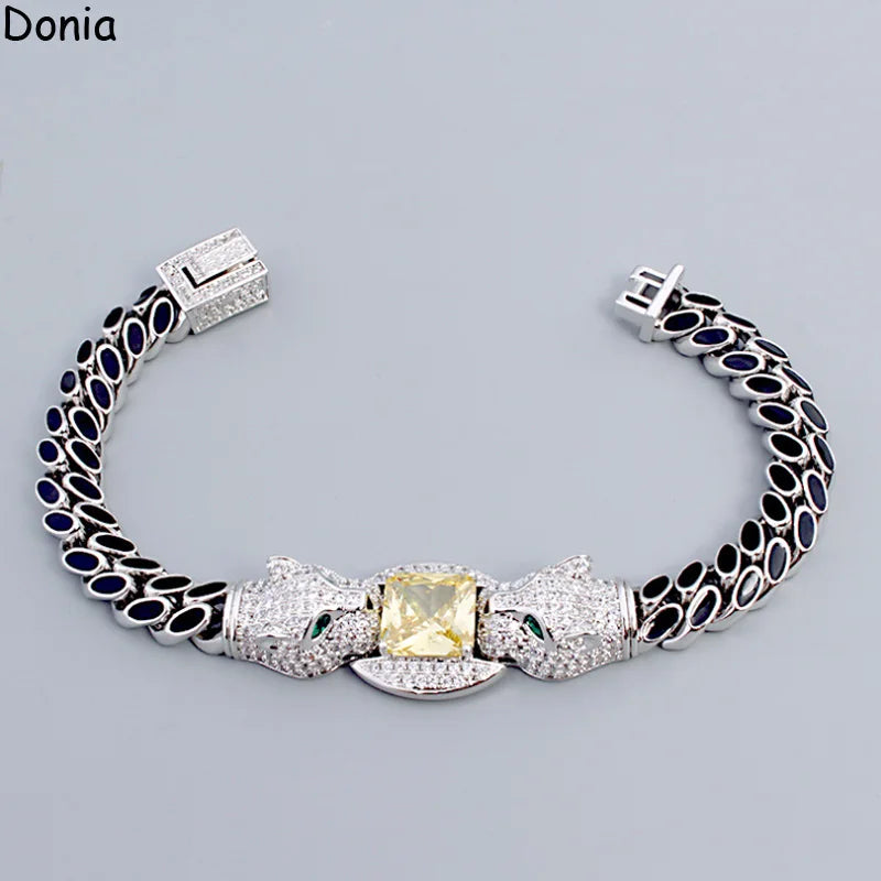 Donia jewelry European and American vintage double headed leopard micro Mosaic AAA zircon men&